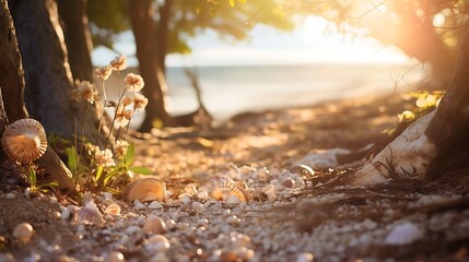 Ethereal defocused view capturing a coastal trail in spring, seashells strewn, sunlight