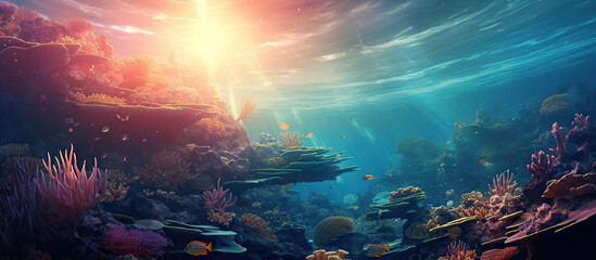 Amazing under ocean landscape with lots of fishes. Sunrays from above. - obrazy, fototapety, plakaty