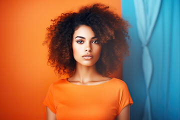 beautiful beautiful young woman with orange shirt. blue orange, colorful background