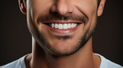 Fototapeta premium Smile, mouth and teeth whitening of man on studio background of wellness. Closeup male model face with clean dental, fresh breath and happy tooth implant, aesthetic beauty or healthy cosmetic results