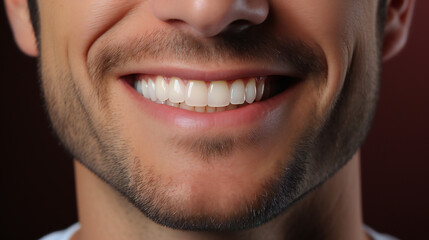 Fototapeta premium Smile, mouth and teeth whitening of man on studio background of wellness. Closeup male model face with clean dental, fresh breath and happy tooth implant, aesthetic beauty or healthy cosmetic results