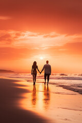 Couple waliking and holding hands dream like beach at sunset