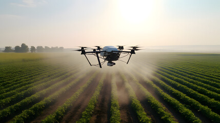 Advanced agricultural drones monitoring and spraying crops in a large farm. - obrazy, fototapety, plakaty