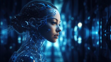 beautiful young female cyborg artificial intelligence with blurred background