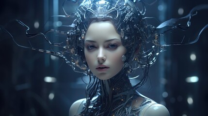beautiful young female cyborg artificial intelligence with blurred background - obrazy, fototapety, plakaty