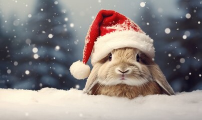 cute easter rabbit with samta claus hat with winter snow background