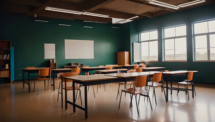 High school classroom with chalkboards and benches for students during the day, featuring papers and school design