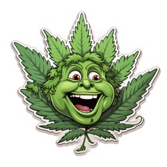 Cannabis leaf with happy face and smiling face. illustration. Marijuana. Medical Cannabis concept. Sticker. Logotype.