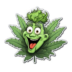 Marijuana leaf cartoon character sticker with happy face and smiling face illustration. Marijuana. Medical Cannabis concept. Sticker. Logotype.