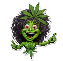 Cannabis character with green leaves and thumbs up on white background illustration. Marijuana. Medical Cannabis concept. Sticker. Logotype. - obrazy, fototapety, plakaty