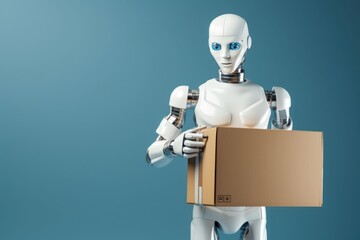 a white robot with a brown cardboard box on a blue background.delivery. automation. androids