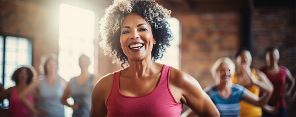 Fototapeta premium Woman have a fun at joga dance in fitness interiors.