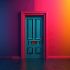 "A bold turquoise door with a red outline stands against a gradient wall shifting from purple to orange