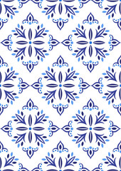Seamless pattern of traditional ornament in blue and white colours. Vector background for textile, fabric, lienen, paper, web. Russian seamless pattern in gzhel style.