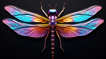 Unreal, fantastic neon glowing dragonfly on black background