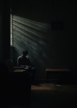 man sitting room window chair depression light boy unconnected crime resignation kneeling prayer meditations moloch