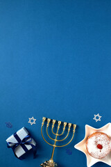 Happy Hanukkah card template with menorah, gift box, jelly donut in david star shaped plate. Flat...