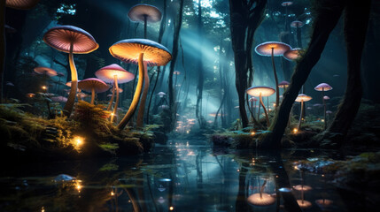 Dream-like forest of magic mushrooms