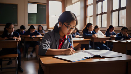 Asian girl from an elementary school inside a classroom with students taking notes in a notebook with a pen in her hand - obrazy, fototapety, plakaty