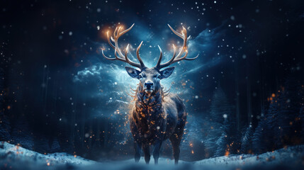 Obraz na płótnie Canvas Silver glowing magical stag in dark forest