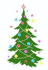 Christmas Fir tree with garlands, toys and stars in simple flat style on white background.