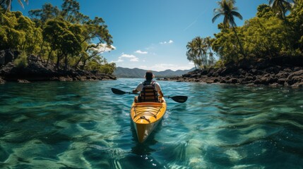 man paddling kayak on tropical island - obrazy, fototapety, plakaty
