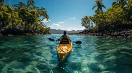 Fotobehang man paddling kayak on tropical island © pector