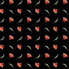 Watercolor red tulip buds and green leaves Hand drawn illustration with colorful spring flowers for design or wrapping paper. 