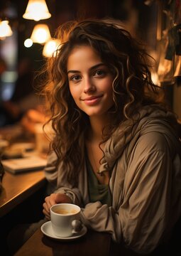 woman sitting table cup coffee teen girl curly hair face stimulant warm color clothes fine contours faces frantic smile beauty filter rogue lady flirty desirable