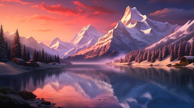 mountain lake cabin range films brilliant cold lighting sun rises two mountains cartoon bubbly scenery