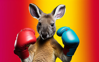 kanguru comico com luvas de boxe em   minimalista em fundo colorido vibrante - obrazy, fototapety, plakaty