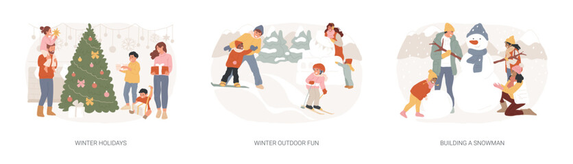 Fototapeta Winter entertainment isolated concept vector illustration set. Winter holidays, outdoor fun, building a snowman, Christmas eve, snowball fight, sledding, ski resort vacation vector concept. obraz