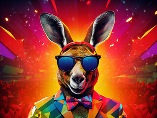 kanguru minimalista em festa de música eletrônica em fundo colorido vibrante - obrazy, fototapety, plakaty