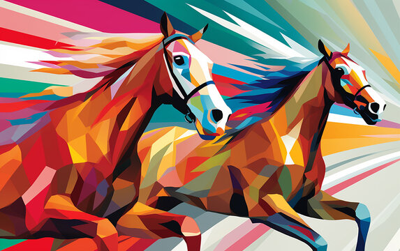 cavalos de corrida em fundo minimalista colorido vibrante 