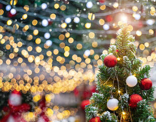 Fototapeta premium Background with Christmas tree, colored ornaments on defocused bokeh Christmas Fair lights background, with copy space. New year and xmas card ideas.