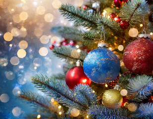 Fototapeta premium Background with Christmas tree, colored ornaments on defocused bokeh Christmas Fair lights background, with copy space. New year and xmas card ideas.