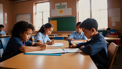 Children, boys and girls of different races, inside a primary school classroom, working together with notebooks and pens in their hands.