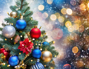 Fototapeta na wymiar Background with Christmas tree, colored ornaments on defocused bokeh Christmas Fair lights background, with copy space. New year and xmas card ideas.