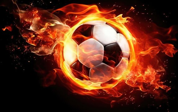 Soccer ball on a fire, black background