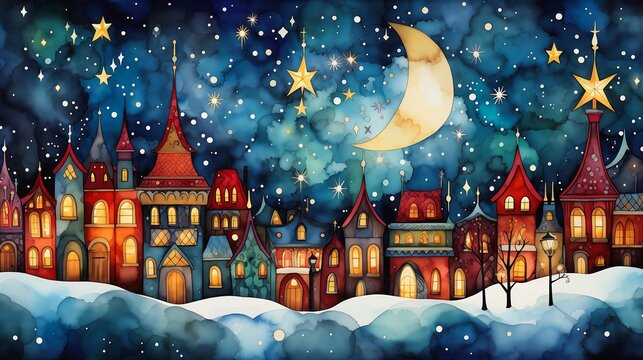 night scene city moon snowy winter cute coloring house home full star rain chimneys glittering stars scattered about quaint