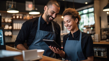 Cafe worker and manager smiling and engaging with each other while using a tablet