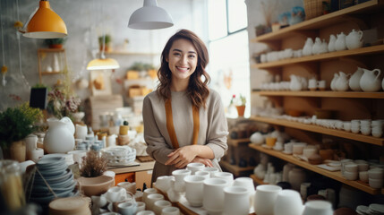 Happy woman standing in a pottery shop with shelves filled with various ceramic. - obrazy, fototapety, plakaty