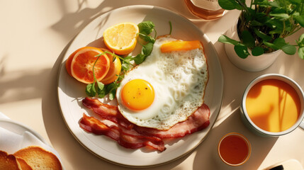 Breakfast plate with fried eggs, bacon, a side salad of arugula and greens, slices of orange, toast, and a cup of tea on a white marble tabletop.
