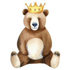 Watercolor drawing of cute brown bear wearing crown, transparent background