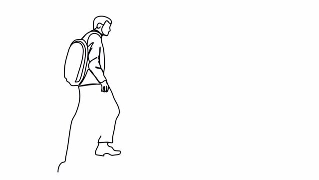 Man climbing up the stairs one line drawing animation. Video clip with alpha channel.