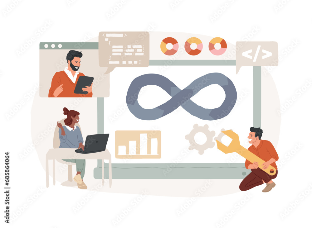 Poster software development team isolated concept vector illustration. remote teamwork, digital team on dem