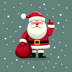 Santa Claus, with a large red sack of gifts and dressed in his iconic red suit, makes a cheerful gesture amidst falling snow, evoking the magic and gift-giving spirit of the Christmas season