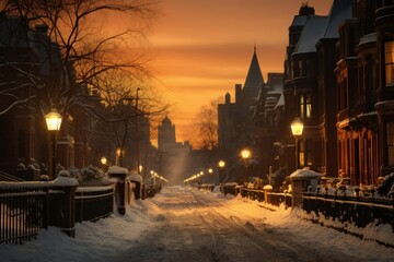 Fototapeta premium Winter's Glow: Snowy Street at Dusk