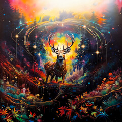 deer in a magical forest, colorful and happy world, the tree of life, magic of the mind, generative AI