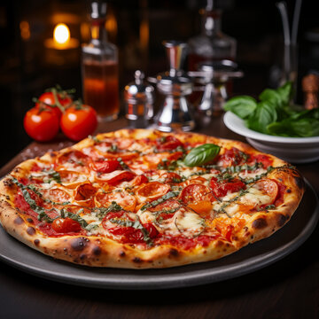 Pepperoni pizza in a restaurant, cooked pizza, food photography 